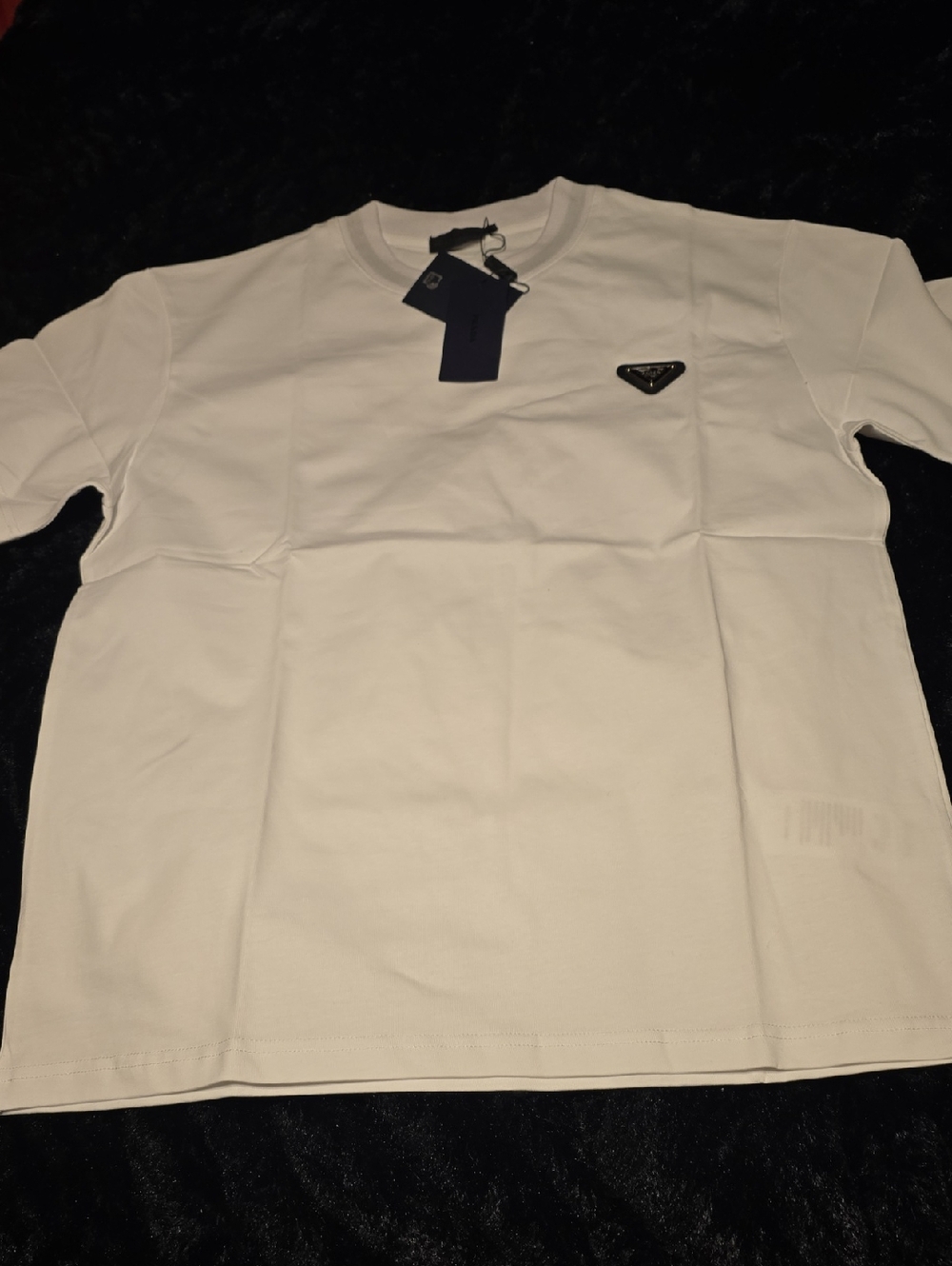 Prada White Short Sleeve Crew Neck T-Shirt with Black Triangle Logo